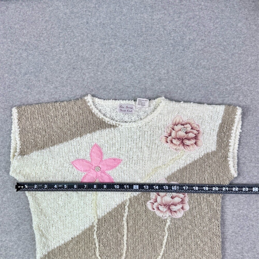 Vintage Palm Springs Yacht Club Sweater Womens M Ivory Boucle Floral Applique - Picture 6 of 11